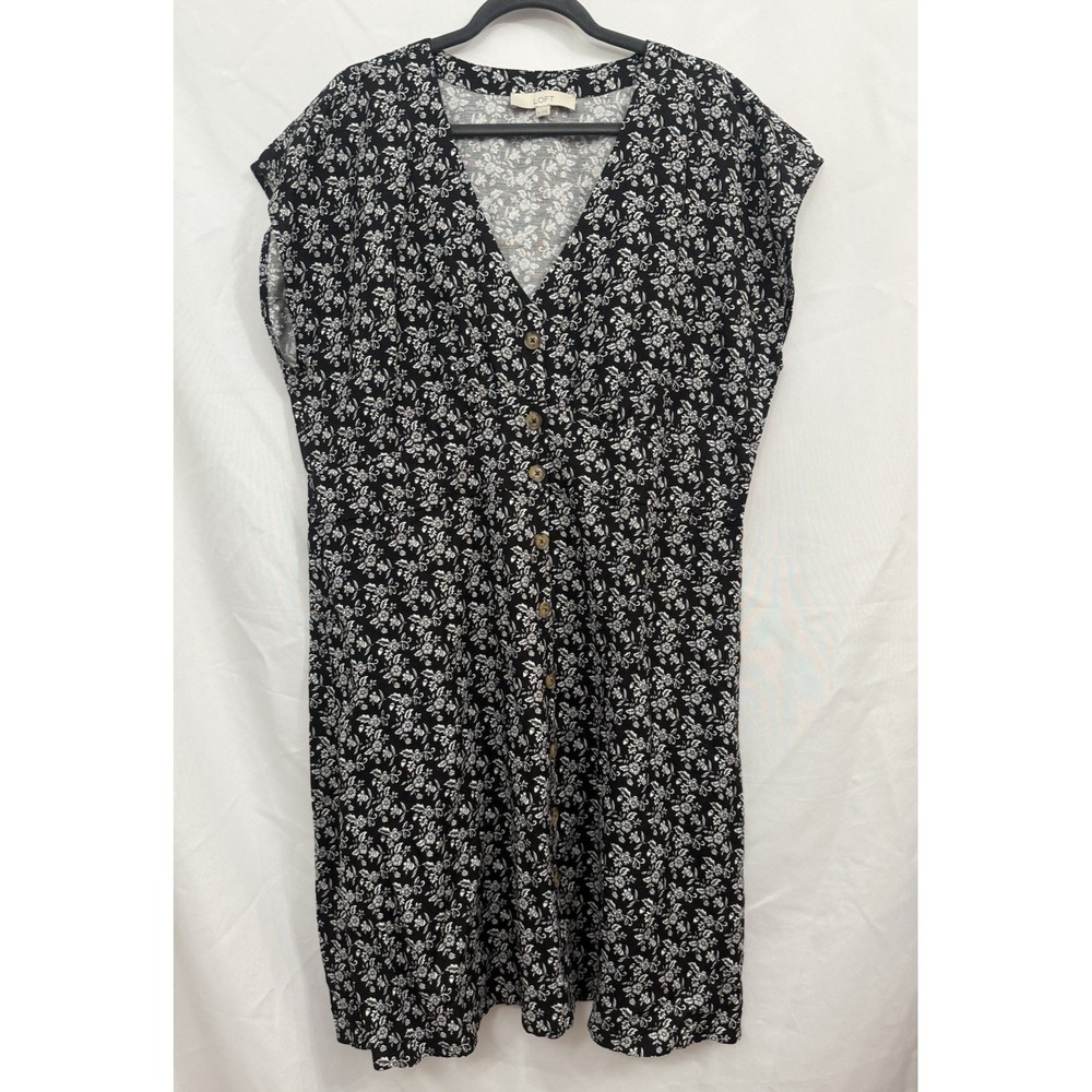 NWOT LOFT Linen Blend Empire Waist Button Front Black White Floral Dress Size 18